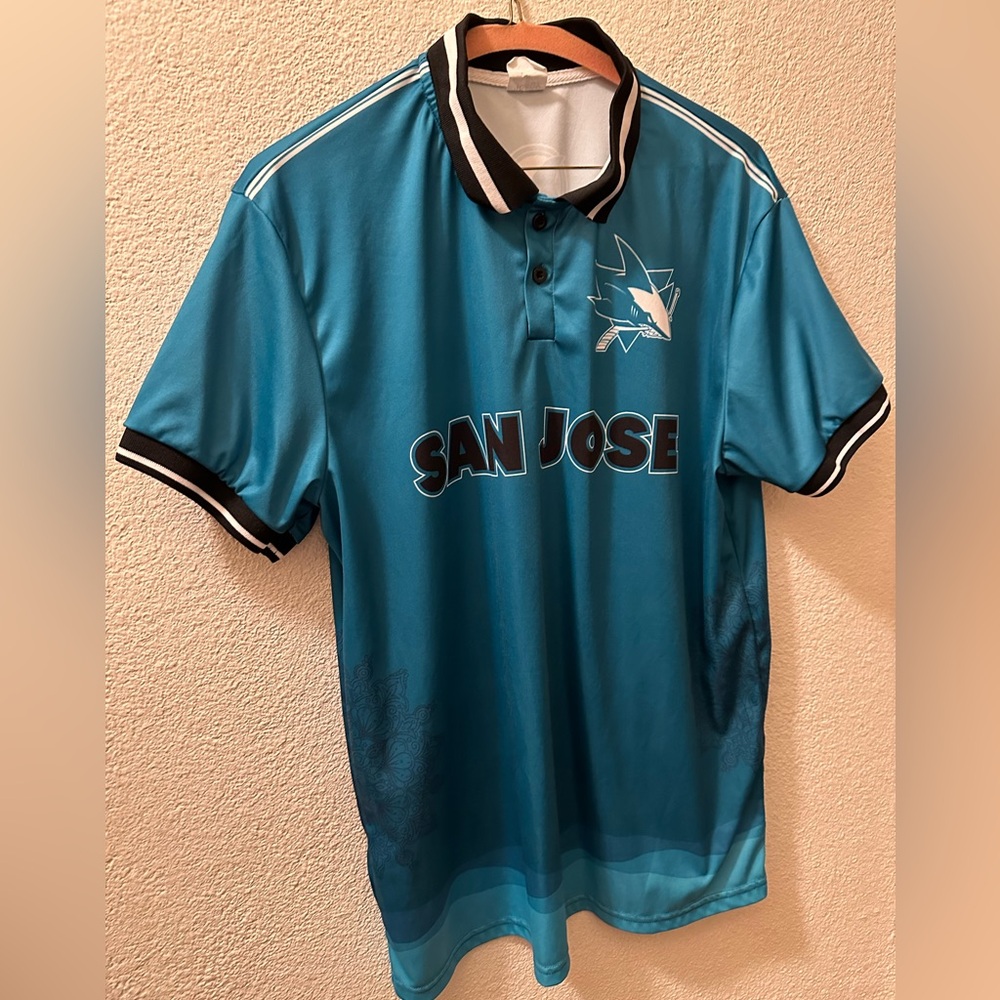 Idegy NHL San Jose Sharks Polo Shirt Men Teal Polyester #91 Size XL